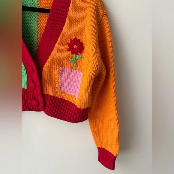 Zara Colorblock Cropped Cardigan Sweater Cottagecore Sun Moon Floral - Picture 7 of 11